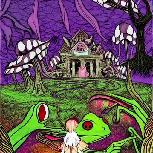 Image similar to scary fairy eating a frog in a psychedelic mushroom village, art style of junji ito, cel animation , masterpiece , post-processing , intricate , legendary matte painting