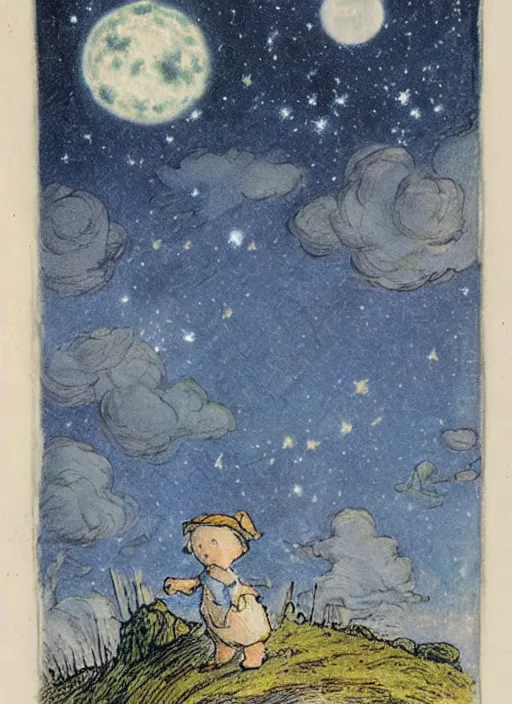 Prompt: night sky, stars, moon prominently in the center, surrounded by clouds, landscape, illustrated by peggy fortnum and beatrix potter and sir john tenniel