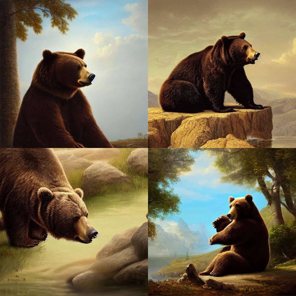 Prompt: illustration of a bear contemplating life, realistic painting, classical painting, high definition, digital art, matte painting, very detailed, realistic