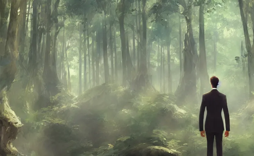 Prompt: A tall man with a suit gazing thru a magical forest, digital art made by Stanley Artgerm Lau, WLOP, Rossdraws, James Jean, Andrei Riabovitchev, Marc Simonetti, Yoshitaka Amano, ArtStation, CGSociety