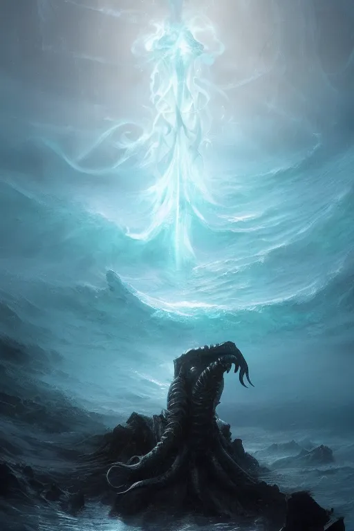 Prompt: cthulhu, ocean, storm, digital art, magic the gathering, mtg, by greg rutkowski, trending on artstation