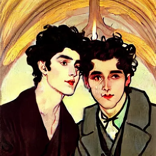 Image similar to painting of young cute handsome beautiful dark medium wavy hair man in his 2 0 s named shadow taehyung and cute handsome beautiful min - jun together at the halloween! party, bubbling cauldron!, candles!, smoke, autumn! colors, elegant, wearing suits!, delicate facial features, art by alphonse mucha, vincent van gogh, egon schiele