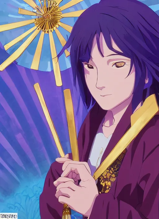 Image similar to young man with straight indigo hair, purple eyes with red eye markers, slim body, wearing a detailed Japanese kimono with golden armor pieces, holding a japanese fan. rich vivid colors, ambient lighting, dynamic lighting, 4k, official media, anime key visual, makoto shinkai, ilya kuvshinov, lois van baarle, rossdraws, detailed, trending on artstation