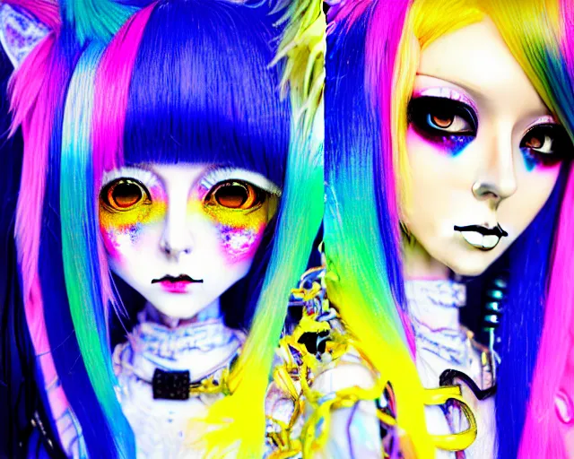 Image similar to neo tokyo japanese anime kawaii decora hologram of rimuru tempest, sky blue hair, golden yellow eyes, wearing black stylish clothing, holography, irridescent, baroque visual kei glitch art, a detailed pencil portrait with watercolor of a beautiful monster high doll, by sabrina eras, alice x. zhang, agnes cecile, blanca alvarez