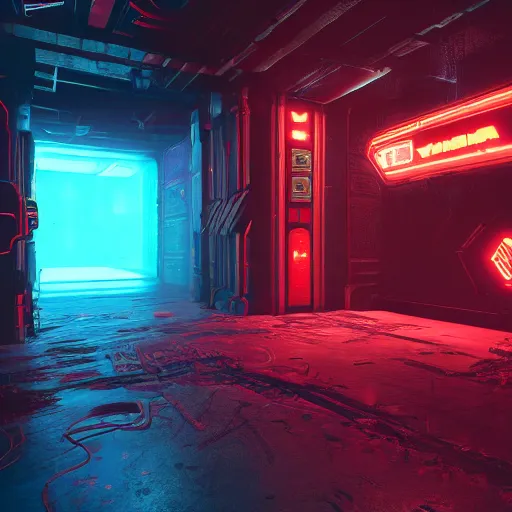 Image similar to video game doom, cyberpunk aesthetic, hellscape, science fiction, red color palette, neon signs, landscape, skyline, aliens movie, evil dead 2, dead space, atmospheric, suspenseful, 4 k, hyperrealism, octane render, cycles engine render, unreal engine render, ray - tracing