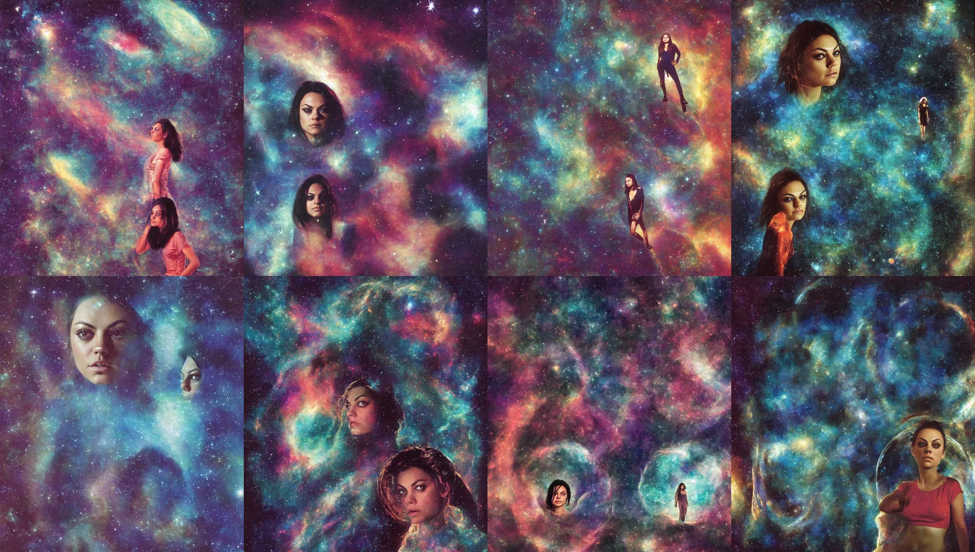 Image similar to face portrait of dreamy Mila Kunis exploring an eerie derelict space station, colorful nebula through large window, 1980s, Ludek Pesek, Rick Guidice, Chesley Bonestell, Lucien Rudaux, Rolf Klep, Fred Freeman, George Pal