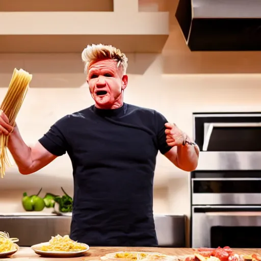 Image similar to gordon ramsay, throwing spaghetti, yelling at eminem, cooking show, very detailed, realistic, 4 k, professional photography