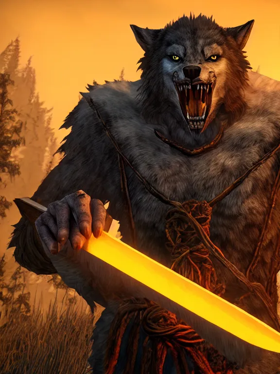 Prompt: cute handsome cuddly burly surly relaxed calm timid werewolf from van helsing holding a sword unreal engine hyperreallistic render 8k character concept art masterpiece screenshot from the video game the Elder Scrolls V: Skyrim deep vibrant orange citrus yellow