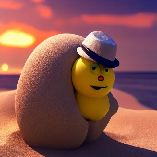 Image similar to 3 d render, of anthropomorphic lemon character with an angry look on his face, he is wearing a hat, relaxing on the beach at sunset, beach, waves, sun, rim light, cinematic photography, professional, sand, sandcastle, volumetric lightening