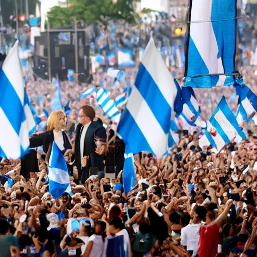 Image similar to Lady Gaga as president, Argentina presidential rally, Argentine flags behind, bokeh, giving a speech, detailed face, Argentina