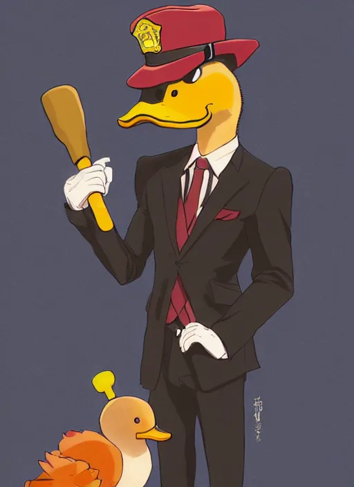 Image similar to commissioned full body portrait of a male anthro duck fursona with a duck head wearing a nice black suit and a fedora holding a baseball bat sitting on the hood of a police patrol car in a baseball stadium, by a professional manga illustrator, Stanley Artgerm Lau, WLOP, Rossdraws, James Jean, Andrei Riabovitchev, Marc Simonetti, and Sakimichan, trending on artstation