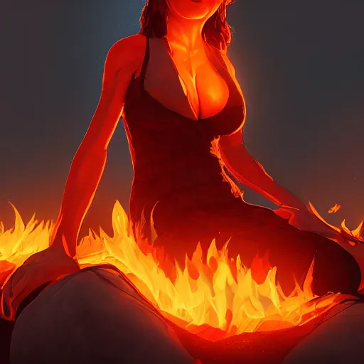 Image similar to Hot fire giantess made of fire, sitting down, shrouded humanoid sitting on her lap, fire in hand, concept art, artstation, 4k