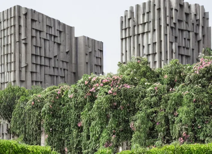 Image similar to the worst excesses of mid 2 0 th century'brutalist'architecture are camouflaged with flowering vines, cinematic matte painting