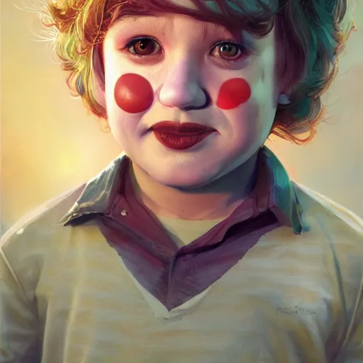 Image similar to Young Haley Joel Osment from the movie AI as cute clown kid, , by Stanley Artgerm Lau, WLOP, Rossdraws, James Jean, Andrei Riabovitchev, Marc Simonetti, Yoshitaka Amano, ArtStation, CGSociety,