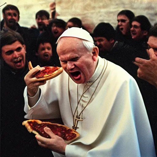Image similar to john paul ii screaming at pizza