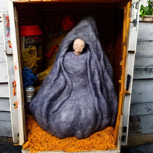 Prompt: photo of a larger than life sized needle - felted 2 0 0 year old wrinkly crone covered in warts sitting behind a needle felted dumpster in a needle felted alley way with low light and dark shadows