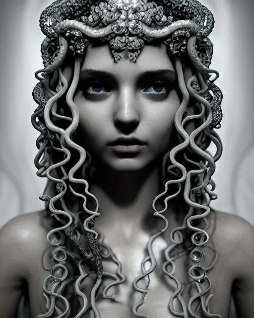 Image similar to mythical dreamy underwater artistic black and white 3 d render of a translucent beautiful young female angelic - medusa - vegetal - doll, highly detailed, intricate crystal ivy jelly ornate, poetic, translucent algae ornate, digital art, octane render, 8 k artistic photography, photo - realistic, hg giger flora borsi