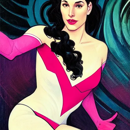 Prompt: a streamline moderne painting of gal gadot as the pink power ranger in the style of charlie bowater, and in the style of alphonse mucha. symmetry, smooth, sharp focus, semi - realism, intricate detail.