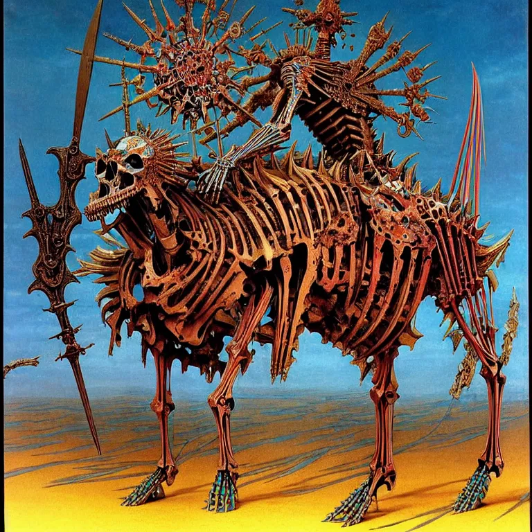 Prompt: Colorful, vibrant. A spiked detailed horse skeleton with armored joints stands in a large cavernous throne room with halberd in hand. Massive shoulderplates. Extremely high details, realistic, fantasy art, solo, masterpiece, bones, ripped flesh, art by Zdzisław Beksiński, Arthur Rackham, Dariusz Zawadzki, Harry Clarke