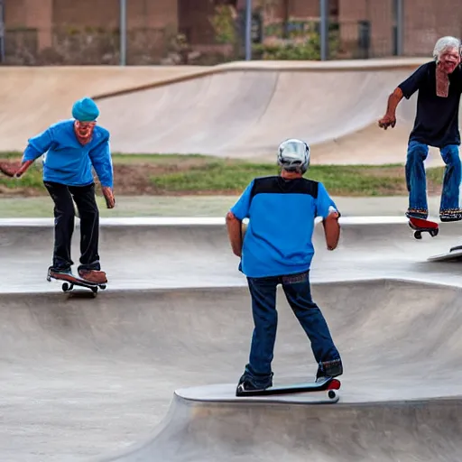 Prompt: senior citizens grinding rails at a skate park