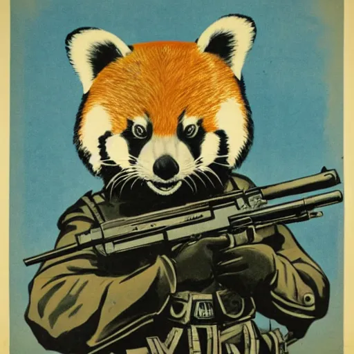 Image similar to red panda holding a rifle on a propaganda poster, hypnotic, historical pister, germany, world war, circa 1 9 3 9, stencil