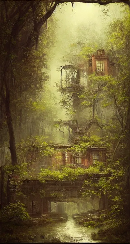 Image similar to (((((a ramshackle manhattan brick brownstone deep in the forest, completely overgrown))))) by Max Maximov!!!!!!!!!!!!!!!!!!!!!!!!!!!