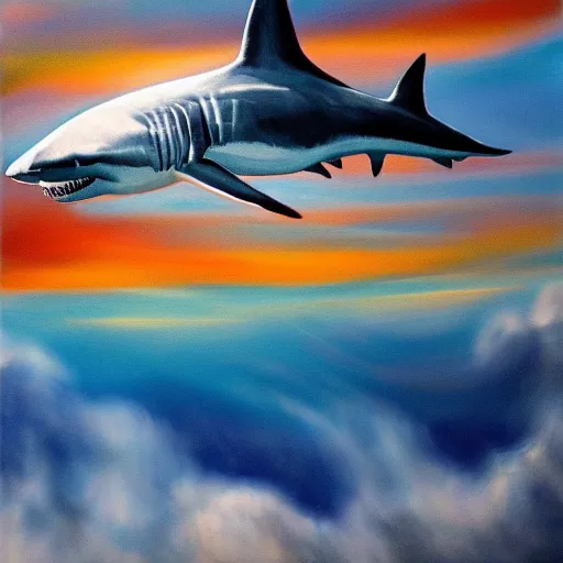 Prompt: abstract painting of a great white shark flying through a beautiful cloud filled sky