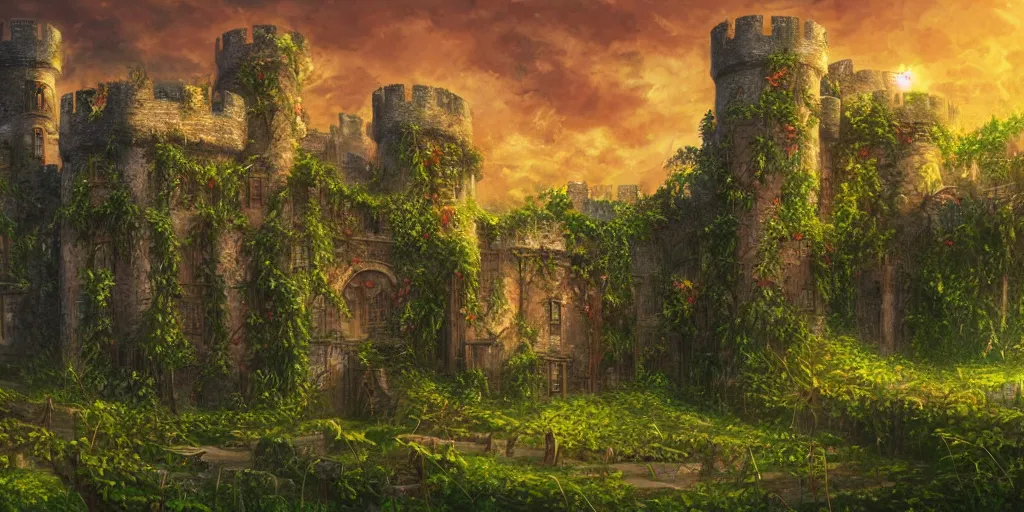 Prompt: a massive castle overgrown with vines, fantasy art, art station, digital illustration, 4k, detailed, sunset, gold flowers