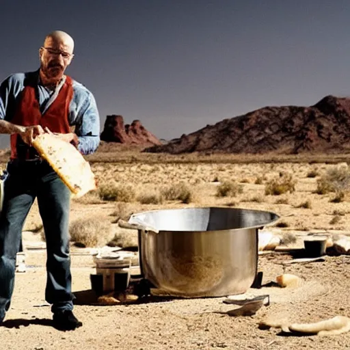 Image similar to Walter White making pizza in the desert, dramatic lighting, blowtorch, still from breaking bad (2010)