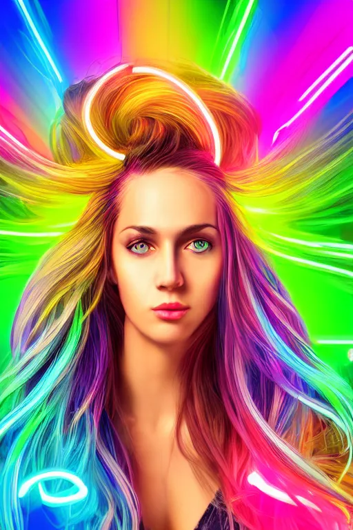 Prompt: a award winning half body portrait of a beautiful woman with stunning eyes in a croptop and cargo pants with rainbow colored ombre hairstyle head in motion and hair flying by thomas danthony, surrounded by whirling illuminated neon lines, outrun, vaporware, shaded flat illustration, digital art, trending on artstation, highly detailed, fine detail, intricate