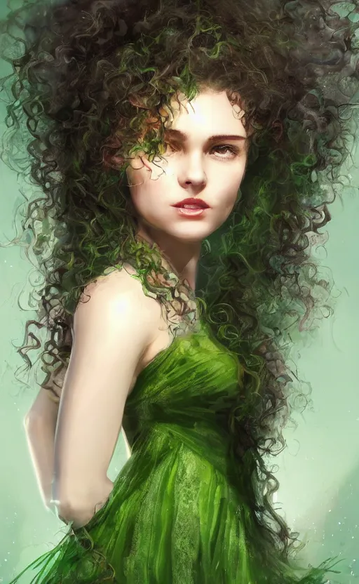 Image similar to a young woman with wild, curly hair and bright green eyes. she's wearing a flowing dress made of light, airy fabric and she has a mischievous look on her face, dynamic lighting, photorealistic fantasy concept art, trending on art station, stunning visuals, creative, cinematic, ultra detailed