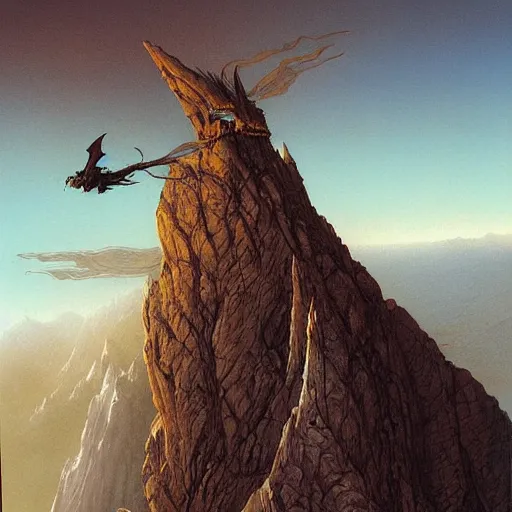 Image similar to dragons circling a tall mountain spire, by john howe