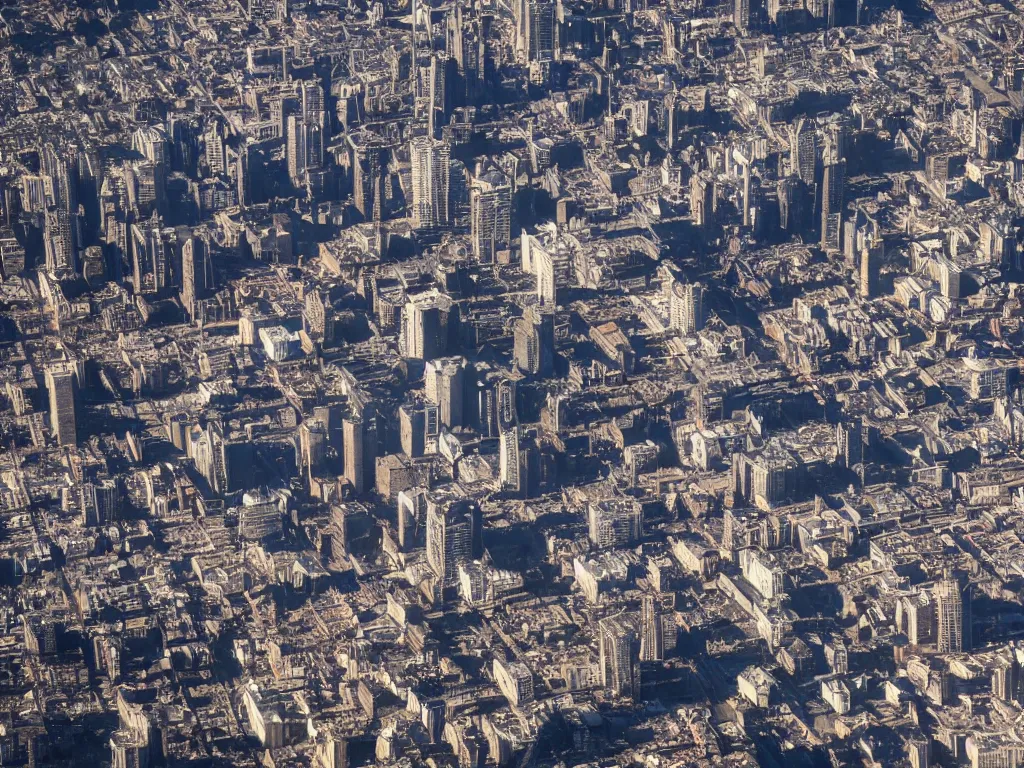 Image similar to city is being destroyed by a falling meteor, view from above, explosion, shreds, ruins