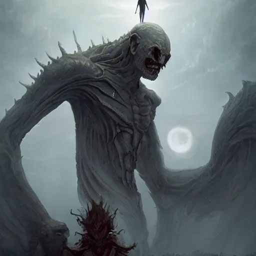 Prompt: a beautiful terrifying immense pale humanoid giant looms over a tiny human. ethereal horror fantasy art by artgerm and greg rutkowski and hr giger