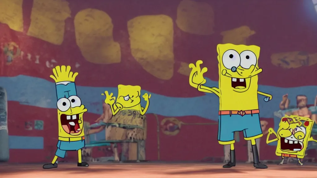 Prompt: spongebob squarepants as an mma fighter, in the ring for a big fight, wide shot, 3 d, hyperrealistic, rendered in octane