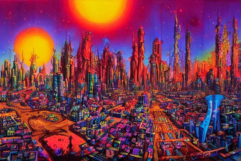 Image similar to surreal colorful nightmarish cityscape, artwork by ralph bakshi
