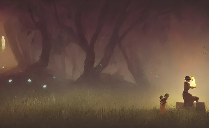 Image similar to a painting of the grave of the fireflies trending on artstation in the style of greg rutkowski