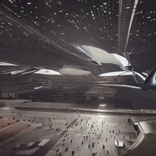 Image similar to sci-fi airport in view from above oily gloss specularity reflection with organic forms on the coronation of napoleon painting, on moon with medium size man walking with black background and digital billboard in the middle. unreal engine 5, keyshot, octane, artstation trending, by Zaha Hadid architects, by Matrix film color, high contrast pinterest black plastic, dark atmosphere pinterest tilt shift, 4k, 8k, 16k.