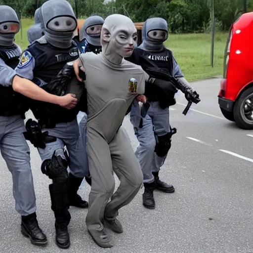 Image similar to extraterrestrial zeta reticulan grey alien, being arrested by spetsnaz