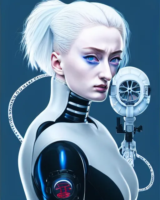 Image similar to white haired cyborg sophie turner wears octopus!!! shaped gas mask, fine detail!! anime!! realistic shaded lighting!! poster by ilya kuvshinov katsuhiro otomo ghost in the shell, rutkowski giger villeneuve artgerm garmash and rob rey