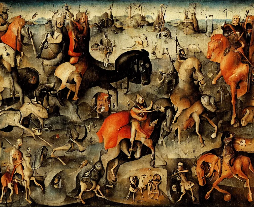 Image similar to the four horsemen of the modern apocalypse by hieronymus bosch