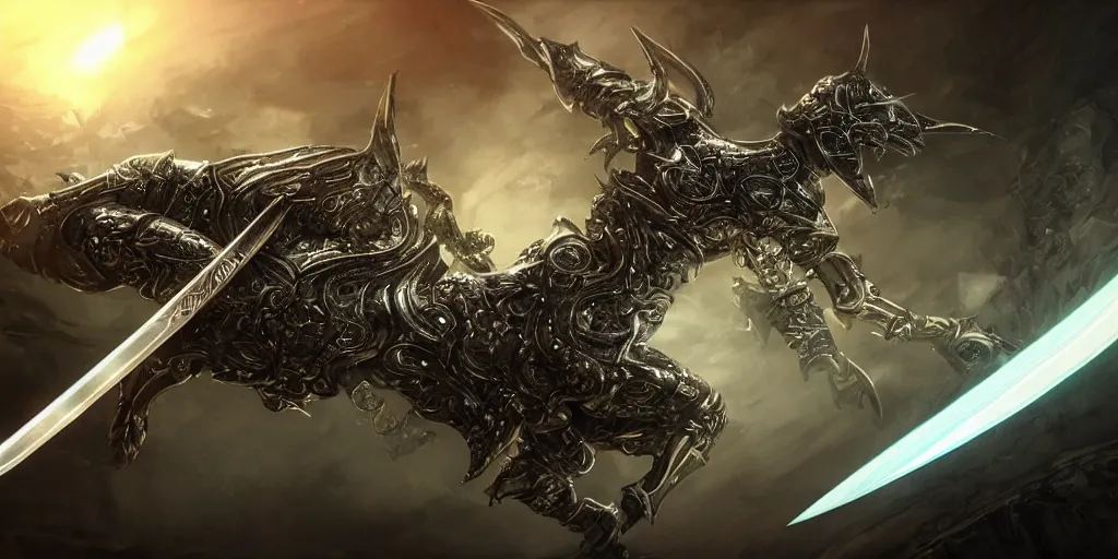 Image similar to legendary cybernetic full long sharp sword lying flat on a glowing table with a black and iridescent sword blade, digital award winning hd matte painting, intimate dark moody, intricate, ornate spikes, colorful gems on hilt, detailed realistic raytraced blade, future golden technological pommel, in the style of krenz cushart, deviantart