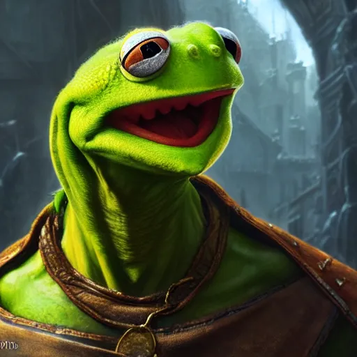 Prompt: Epic Masterpiece head and shoulders portrait of Kermit the frog as Geralt in the Witcher 3 Wild Hunt drawn by Donato Giancola and Tom Bagshaw, Edmund Leighton, Alphonse Mucha, background out of focus tavern, 4k, volumetric lighting, komorebi, trending on artstation, octane render, hyperrealistic