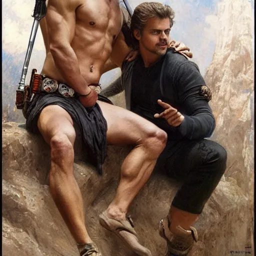 Image similar to 2 muscular attractive men, mark hamill, hayden christensen, star wars, painting by gaston bussiere, craig mullins, greg rutkowski, alphonse mucha