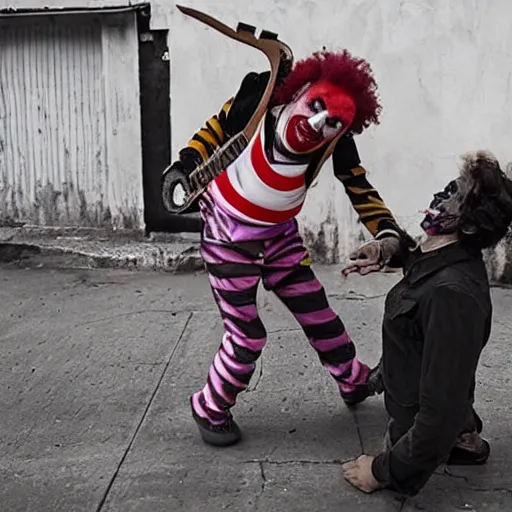 Prompt: a clown beating another clown with a metal guitair