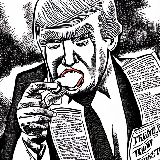 Prompt: close - up portrait of donald trump eating newspapers, by robert crumb, black and white drawing, very intricate