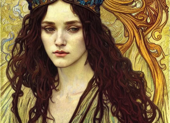 Image similar to detailed realistic beautiful young medieval queen face portrait by jean delville, alphonse mucha, vincent van gogh, and marco mazzoni, art nouveau, symbolist, visionary, gothic, pre - raphaelite