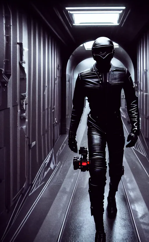 Prompt: hyper - realistic grungy spaceship interior corridor, hyper - detail, an attractive athletic black man wearing a black leather jumpsuit, running, holds a blaster, futuristic space western aesthetic, cinematic composition, cinematic colors, 3 5 mm film, roger deakins style, realistic film, no signature, 8 k