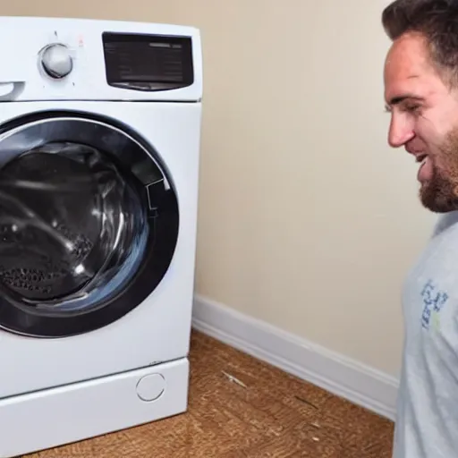 Prompt: A gigachad of a man is showing off his new washing machine