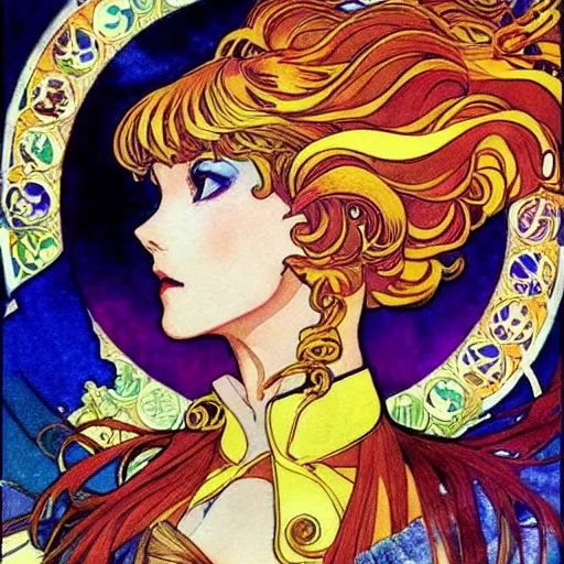 Image similar to the sailor galaxia. beautiful, realistic painting by mucha and kuvshinov and bilibin. watercolor, thick lining, manga, soviet realism